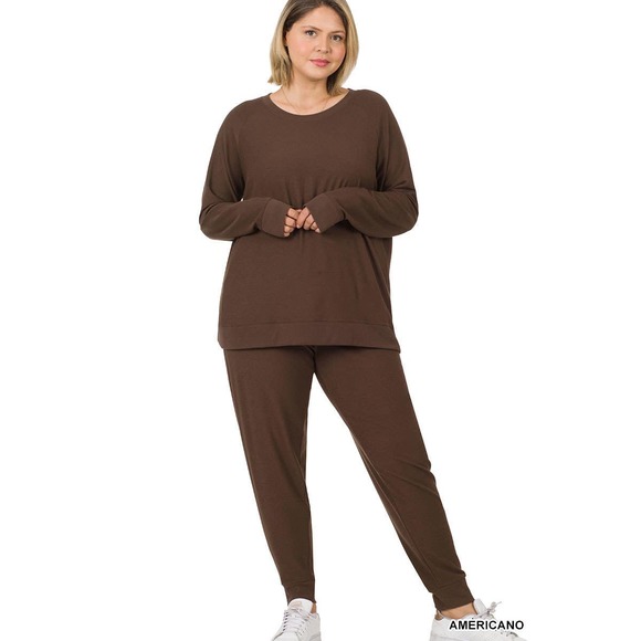 Women Plus Reverse Soft French Terry Top & Jogger Pant Set - Picture 1 of 1